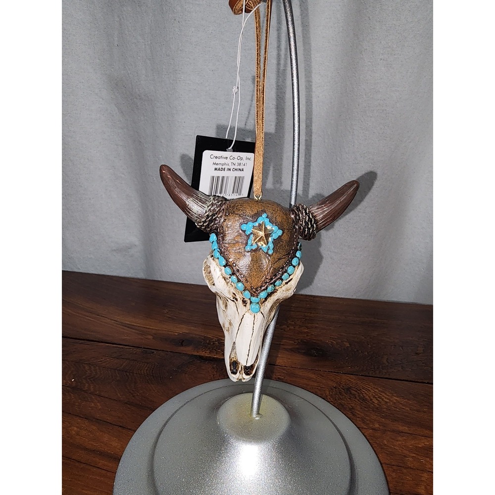 Bull Ornament Resin Skull Brown and Turquoise